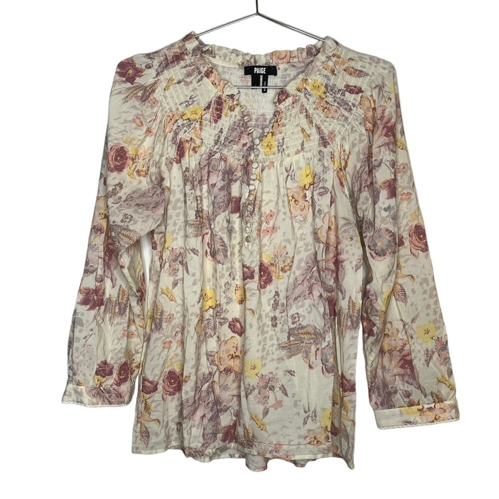 PAIGE Floral Jaylee Smocked Button Front Long Sleeve Blouse V Neck